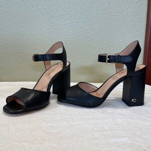 Coach Marla Black Leather Block Heel Sandals with Ankle Buckle - NWOT - size 7